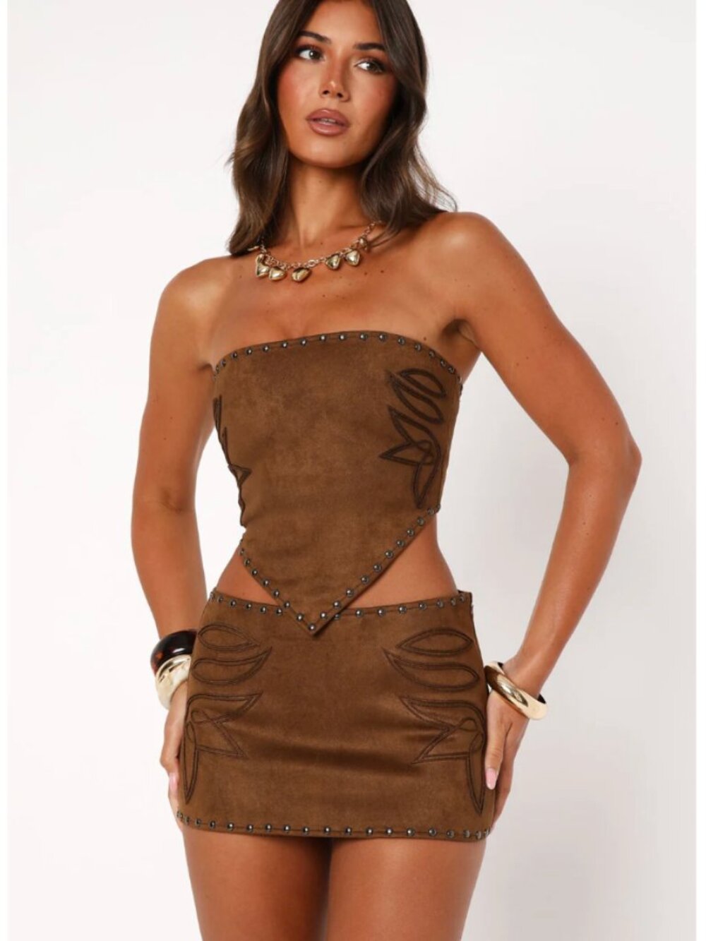 White Fox Boutique Faux Suede Mini Skirt + Strapless Top Set (New With Tags)